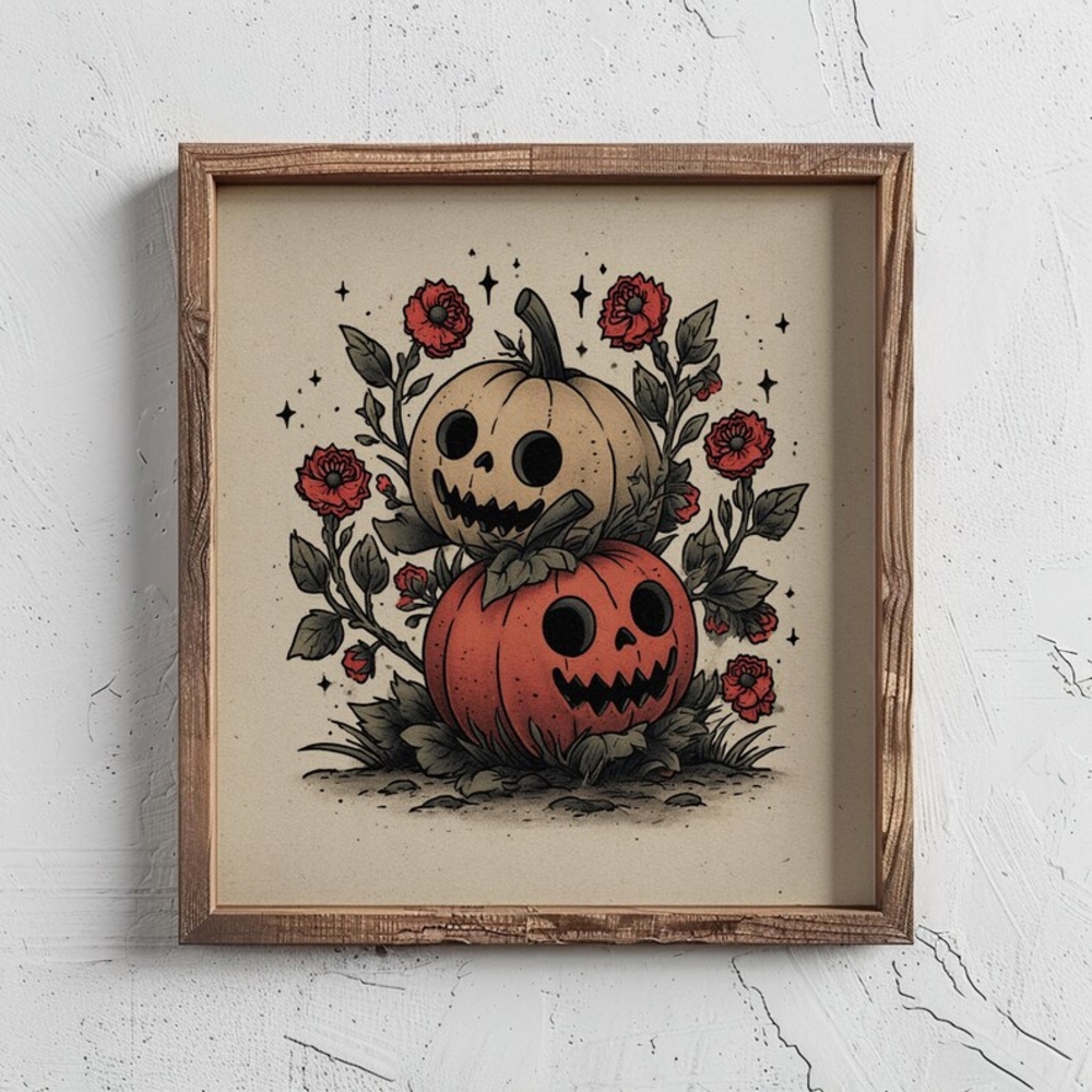 Vintage-Inspired Spooky Floral Halloween Pumpkin Tattoo Flash — Fall Pumpkins